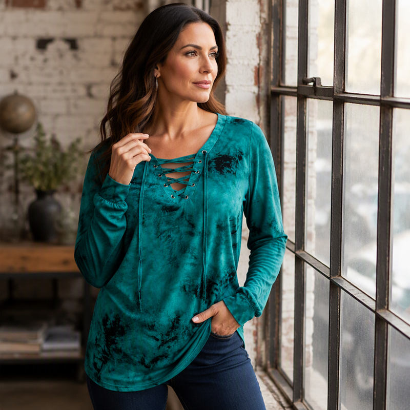 🖤Black Friday Sale:50% OFF🖤🌸Women's Tie-Dye Printed Lace-Up V-Neck Top