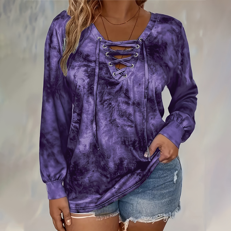 🖤Black Friday Sale:50% OFF🖤🌸Women's Tie-Dye Printed Lace-Up V-Neck Top