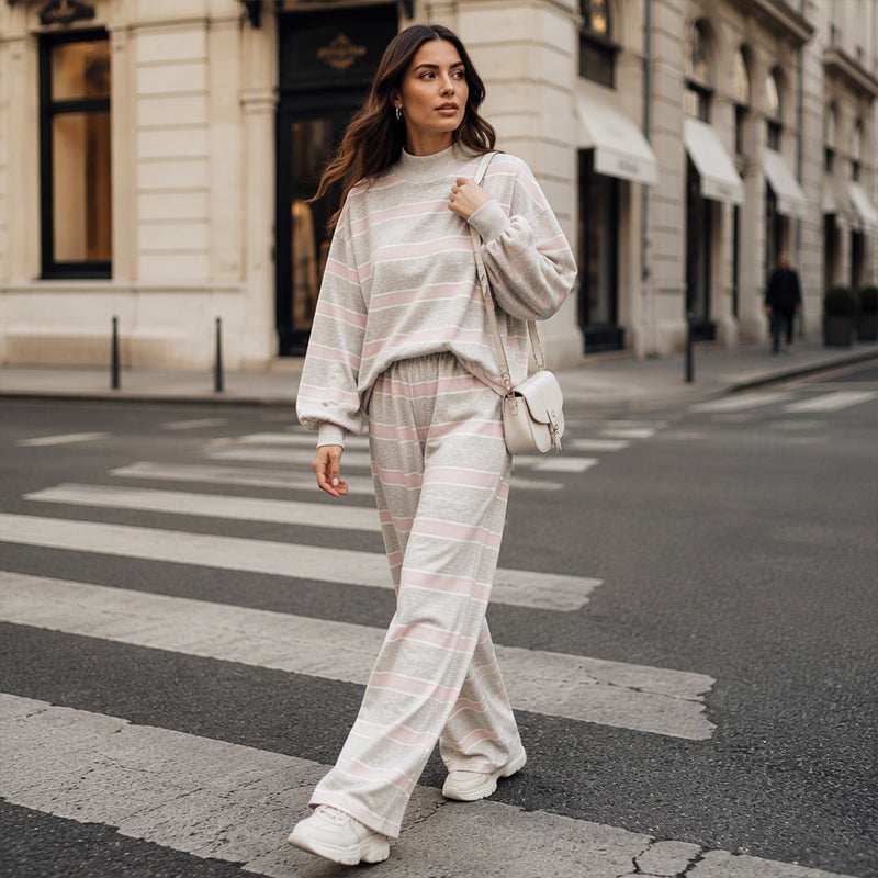 🖤Black Friday Sale:50% OFF🖤 Women's Striped Mock Neck Top & Wide-Leg Pants Set