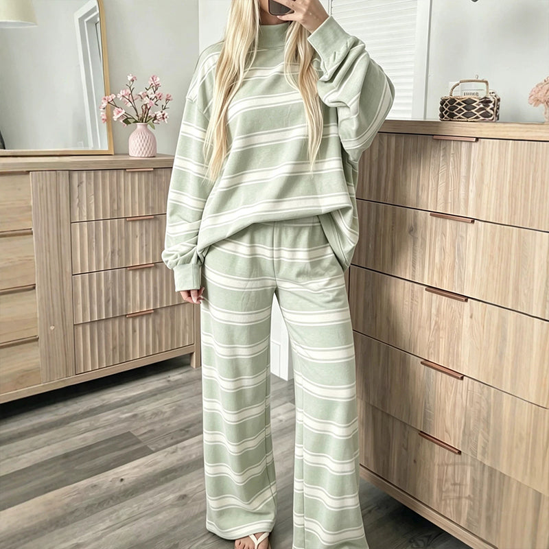 🖤Black Friday Sale:50% OFF🖤 Women's Striped Mock Neck Top & Wide-Leg Pants Set