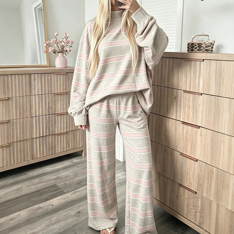 🖤Black Friday Sale:50% OFF🖤 Women's Striped Mock Neck Top & Wide-Leg Pants Set