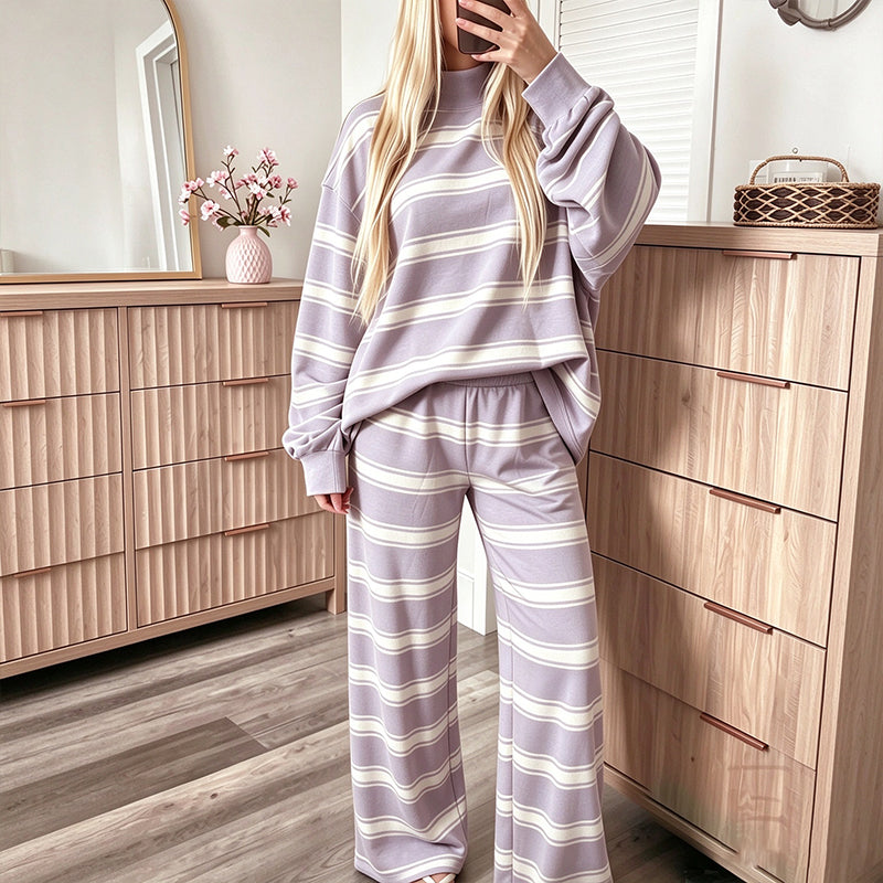 🖤Black Friday Sale:50% OFF🖤 Women's Striped Mock Neck Top & Wide-Leg Pants Set