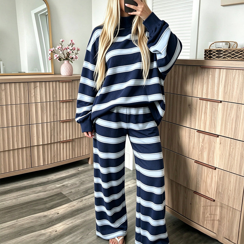 🖤Black Friday Sale:50% OFF🖤 Women's Striped Mock Neck Top & Wide-Leg Pants Set