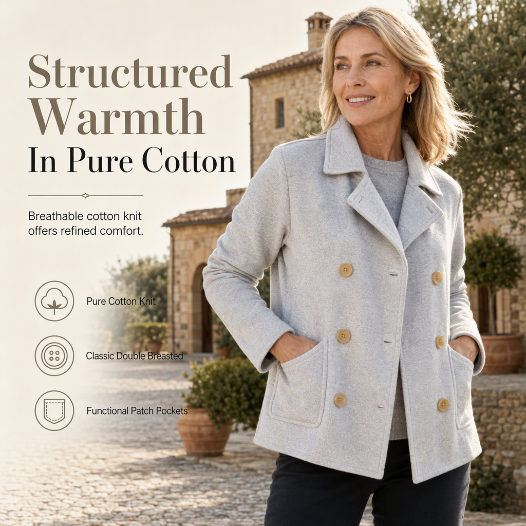 🎨Versatile & Durable, Easy Care🧶 Cotton Double-Breasted Knit Coat – Heather Grey & Oatmeal Beige | Easy to Style, Long-Lasting Softness ✨