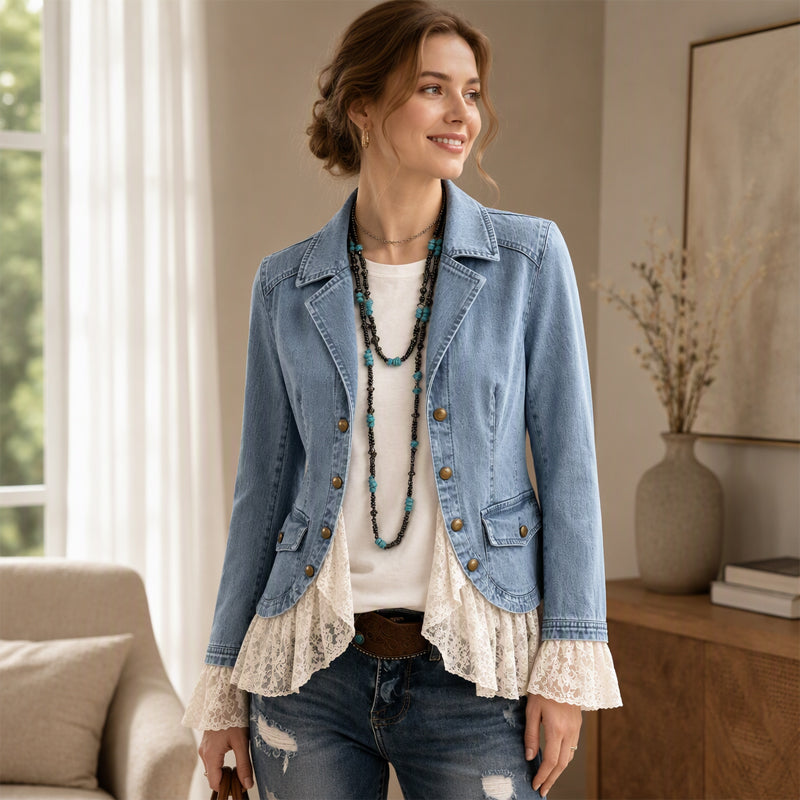 🖤Black Friday Sale:50% OFF🖤 Women's Notch Lapel Denim Jacket with Lace Hem