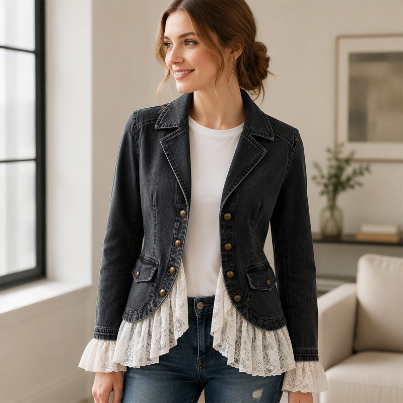 🖤Black Friday Sale:50% OFF🖤 Women's Notch Lapel Denim Jacket with Lace Hem