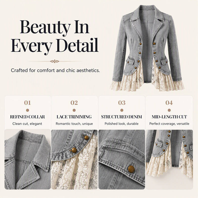 🖤Black Friday Sale:50% OFF🖤 Women's Notch Lapel Denim Jacket with Lace Hem