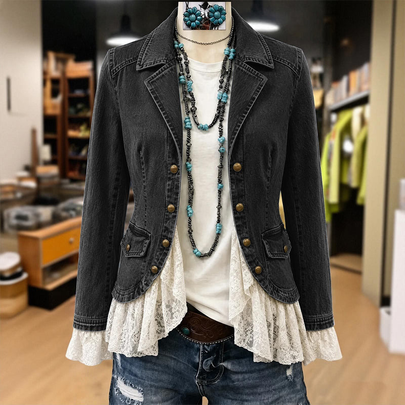 🖤Black Friday Sale:50% OFF🖤 Women's Notch Lapel Denim Jacket with Lace Hem