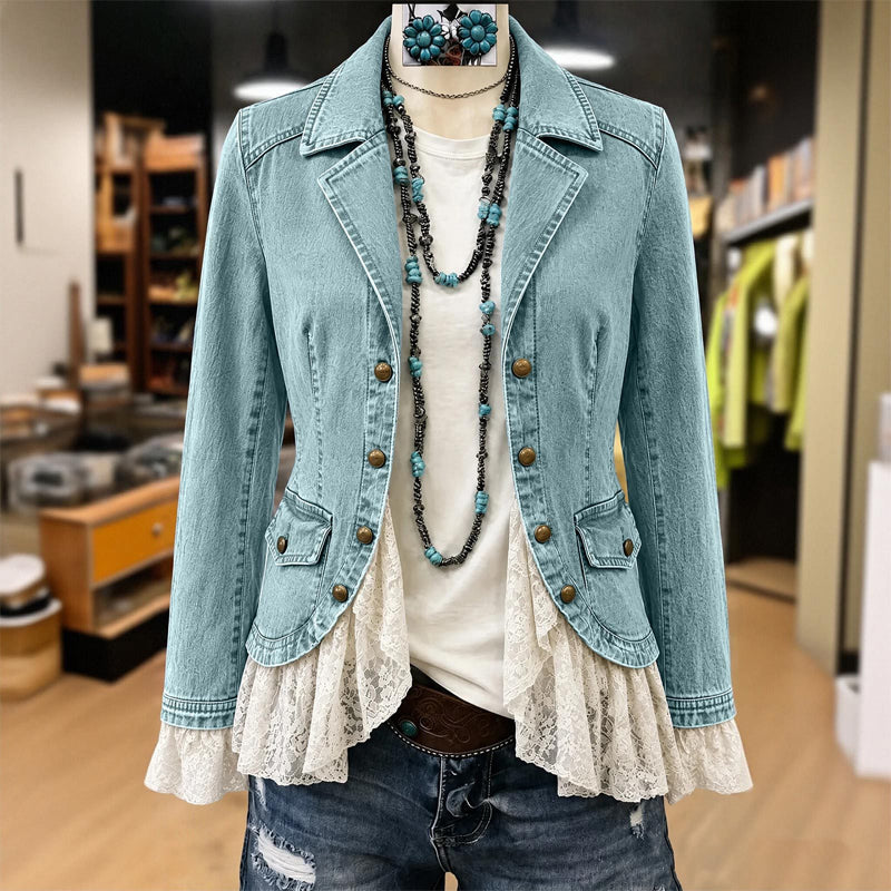 🖤Black Friday Sale:50% OFF🖤 Women's Notch Lapel Denim Jacket with Lace Hem