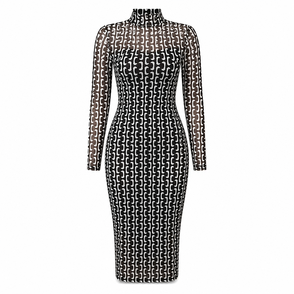 🖤Black Friday Sale:50% OFF🖤 🌹 Women's 2 Piece Dress Set with Long Sleeve Mesh Chain Print Bodycon Midi Dress and Inner Slip Dress