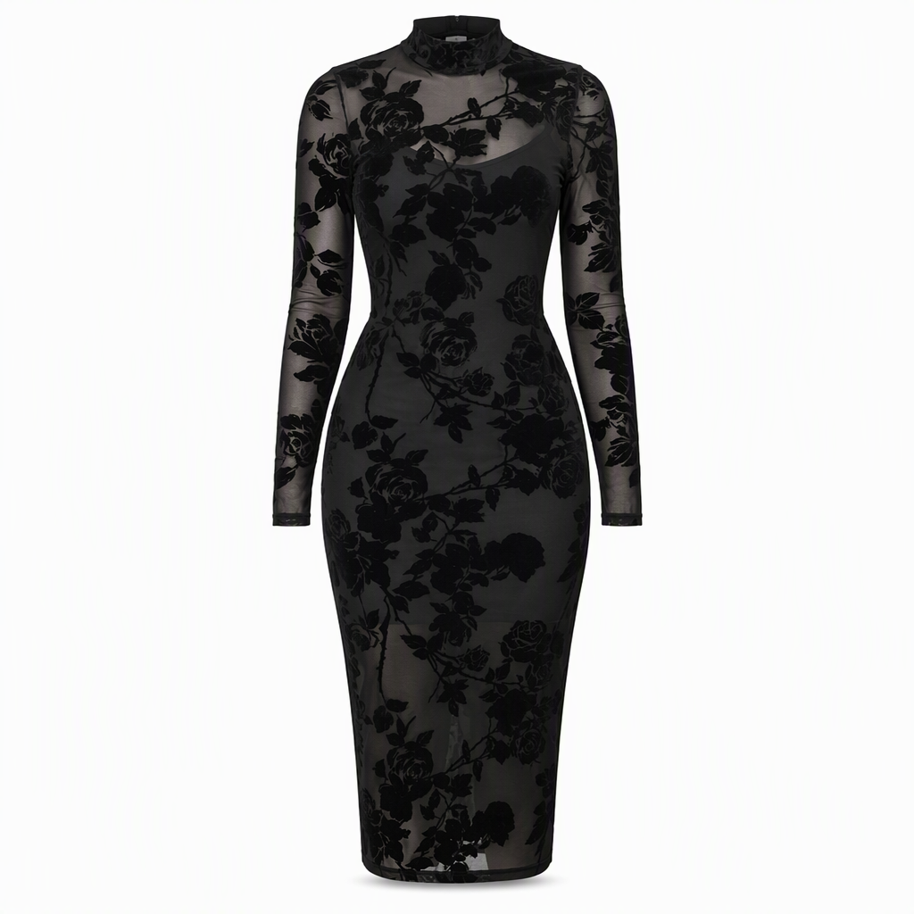 🖤Black Friday Sale:50% OFF🖤 🌹 Women's 2 Piece Dress Set with Long Sleeve Mesh Chain Print Bodycon Midi Dress and Inner Slip Dress