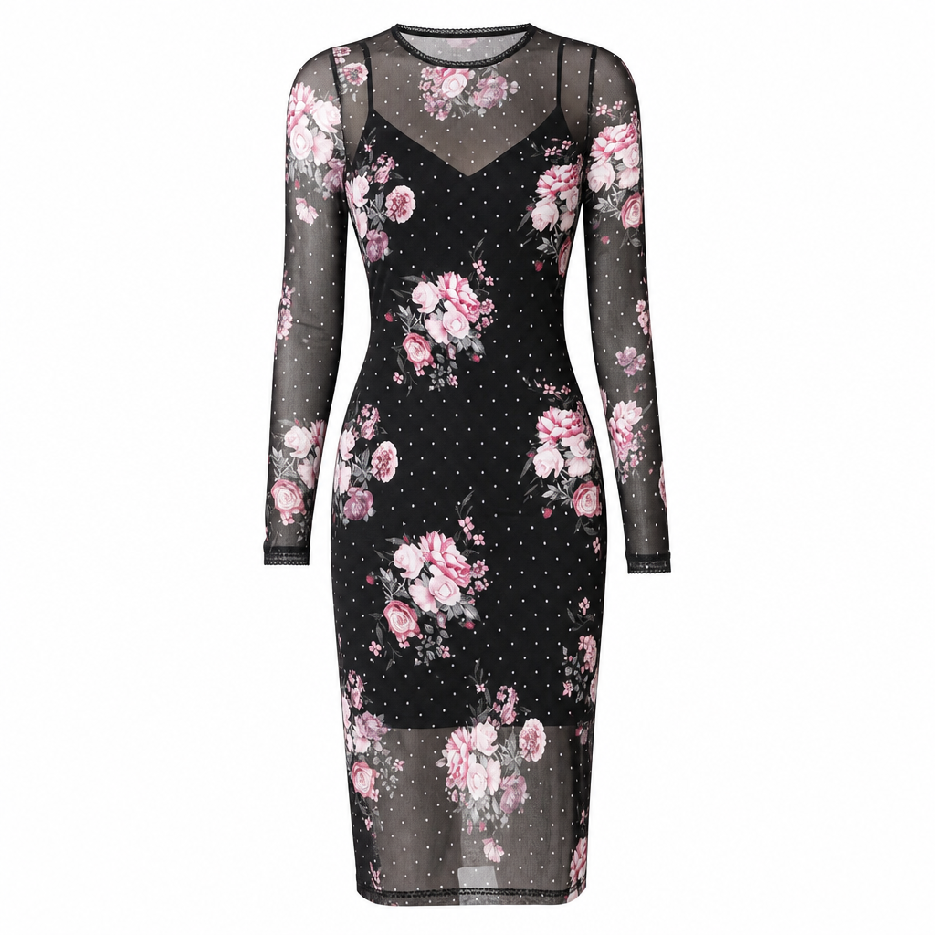 🖤Black Friday Sale:50% OFF🖤 🌹 Women's 2 Piece Dress Set with Long Sleeve Mesh Chain Print Bodycon Midi Dress and Inner Slip Dress