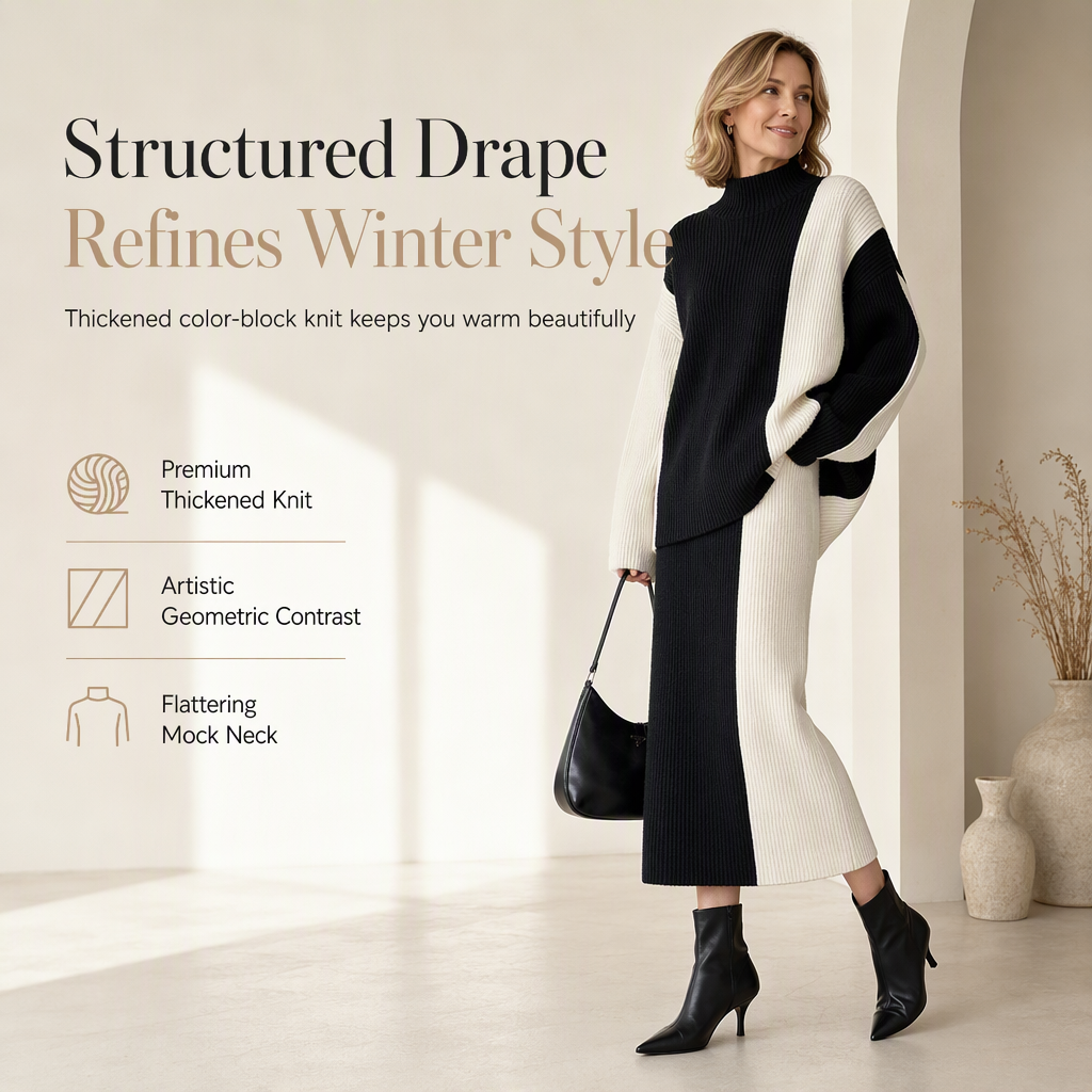 💖Black Friday Mega Deal – 50% off!💖 Women's Autumn Winter Color Block Knit 2-Piece Set Thickened Pullover Sweater and Skirt