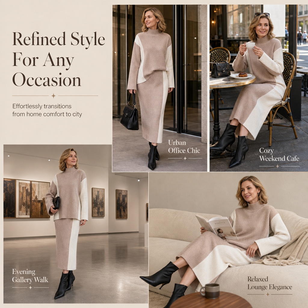 💖Black Friday Mega Deal – 50% off!💖 Women's Autumn Winter Color Block Knit 2-Piece Set Thickened Pullover Sweater and Skirt