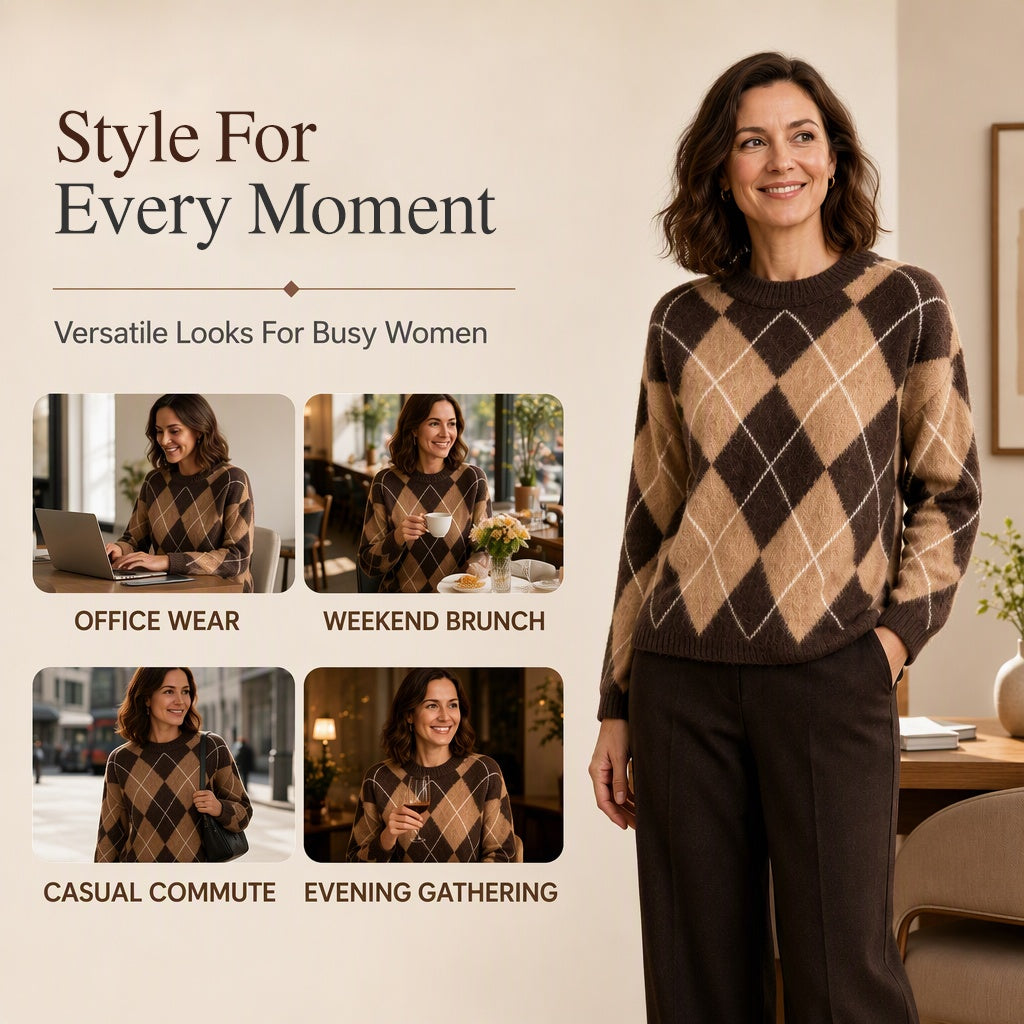 🤎Women's Retro Argyle Cozy Knit Sweater