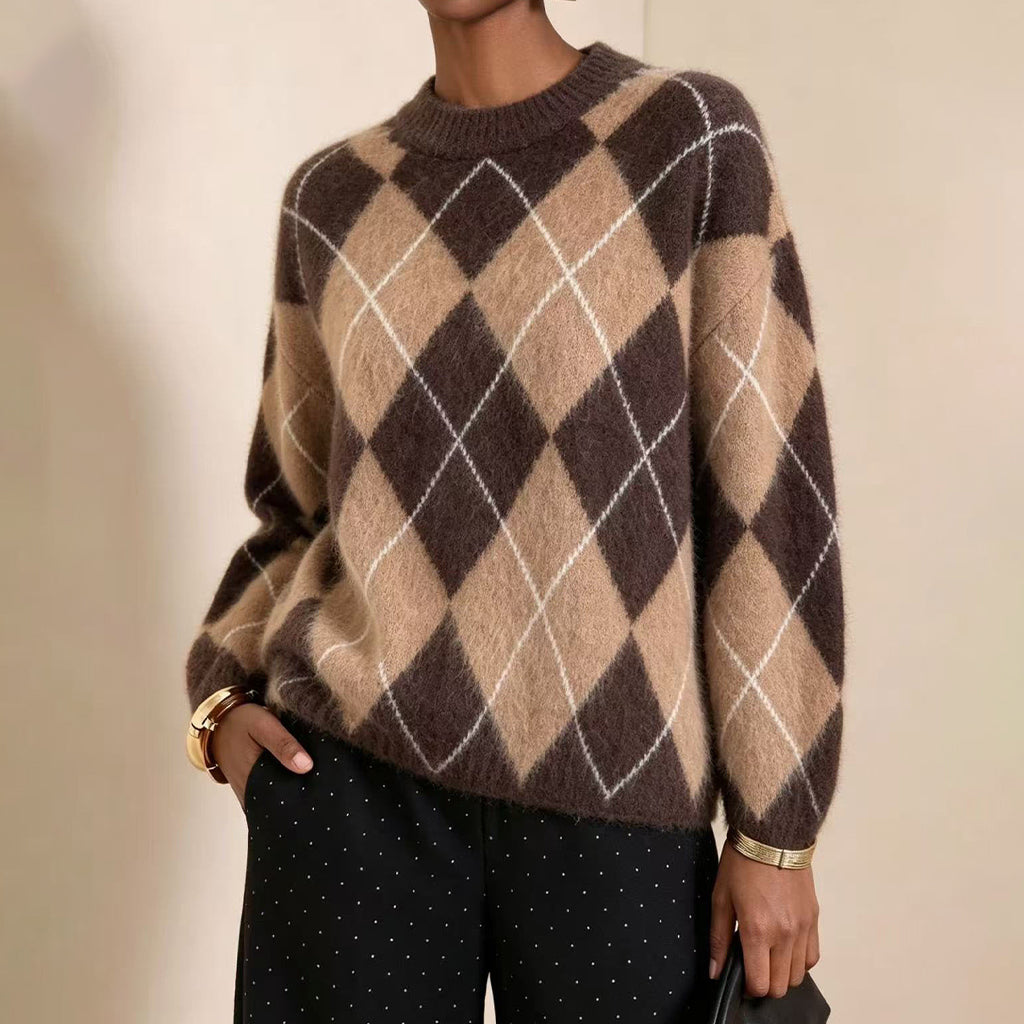 🤎Women's Retro Argyle Cozy Knit Sweater