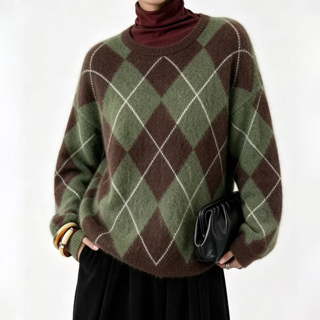 🤎Women's Retro Argyle Cozy Knit Sweater