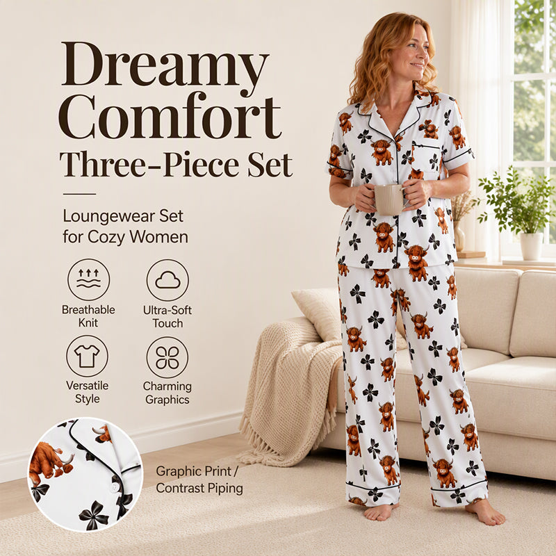 💖Black Friday Mega Deal – 50% off!💖Women's Highland Cow Print 3-Piece Pajama Set 🐮Cozy Lounge & Sleepwear✨