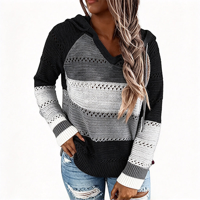 💖Black Friday Mega Deal – 50% off!💖🌈 Women's Color Block Hollow-Out Knit Hoodie