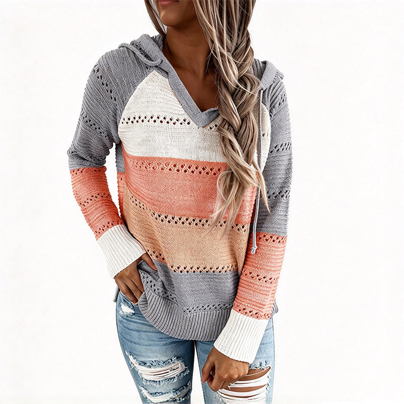 💖Black Friday Mega Deal – 50% off!💖🌈 Women's Color Block Hollow-Out Knit Hoodie
