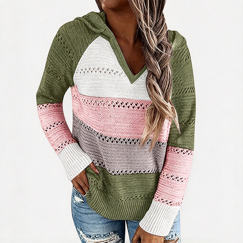 💖Black Friday Mega Deal – 50% off!💖🌈 Women's Color Block Hollow-Out Knit Hoodie