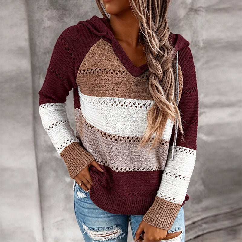 💖Black Friday Mega Deal – 50% off!💖🌈 Women's Color Block Hollow-Out Knit Hoodie
