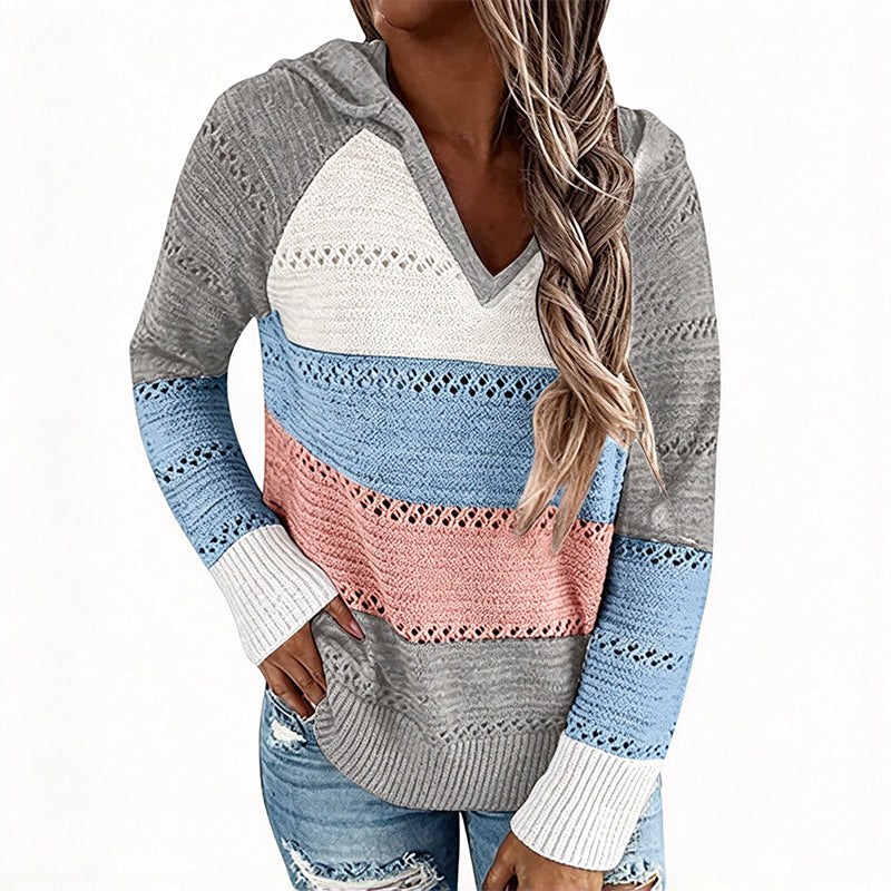 💖Black Friday Mega Deal – 50% off!💖🌈 Women's Color Block Hollow-Out Knit Hoodie