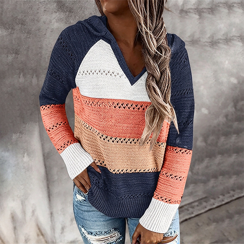 💖Black Friday Mega Deal – 50% off!💖🌈 Women's Color Block Hollow-Out Knit Hoodie