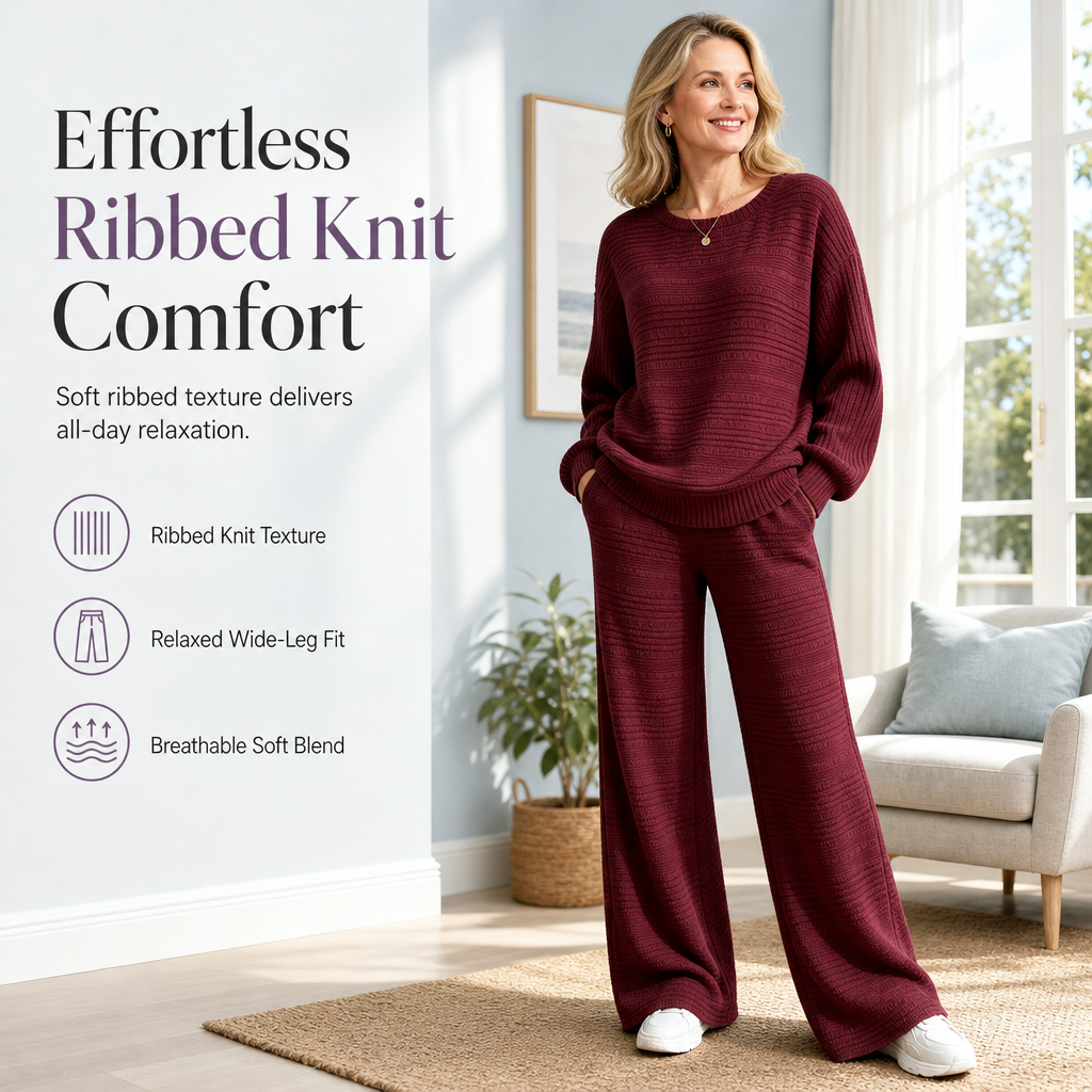⚡ 💖Black Friday Mega Deal – 50% off!💖🌸Women's Autumn Winter Ribbed Knit Two Piece Set Casual Long Sleeve Top and Wide Leg Pants