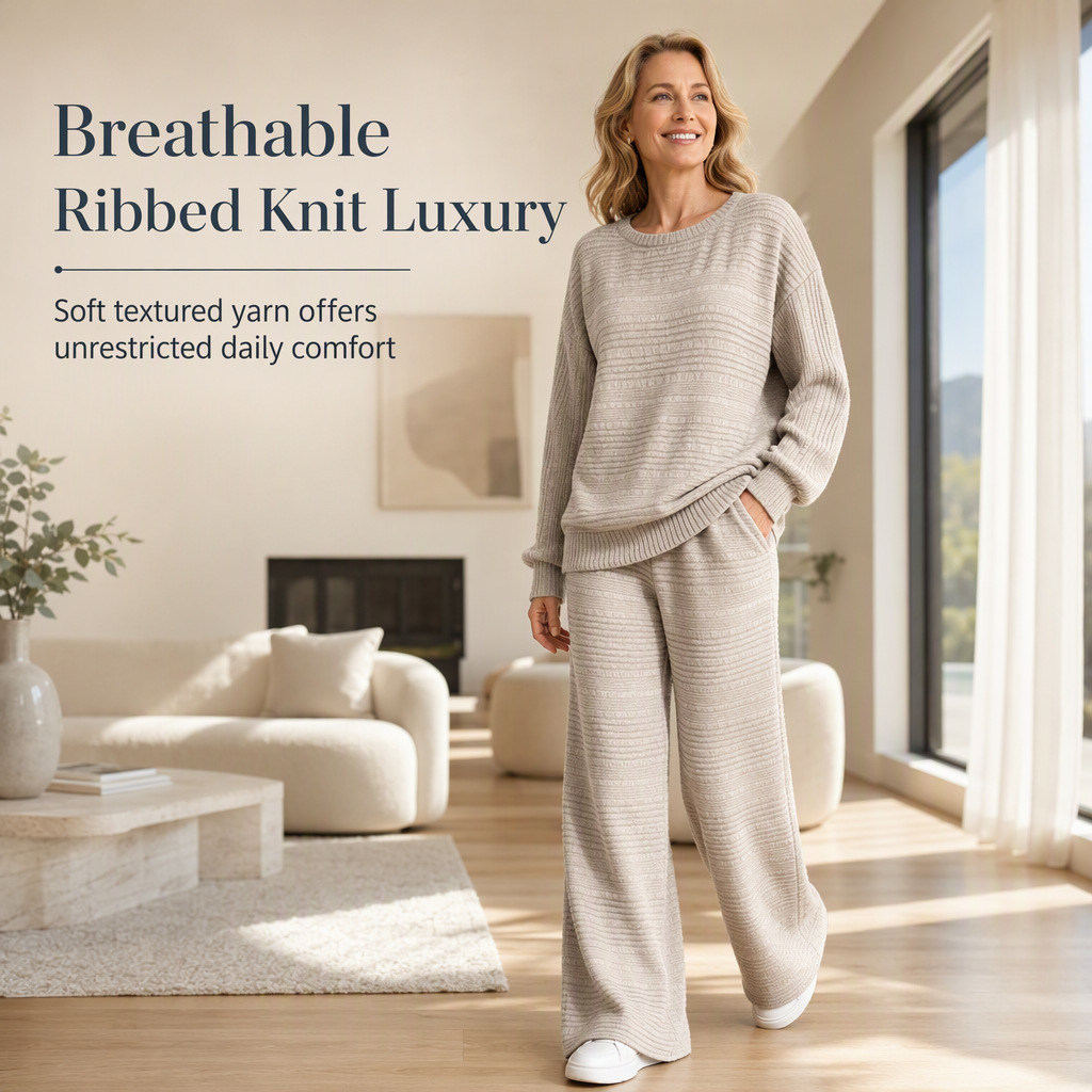 ⚡ 💖Black Friday Mega Deal – 50% off!💖🌸Women's Autumn Winter Ribbed Knit Two Piece Set Casual Long Sleeve Top and Wide Leg Pants