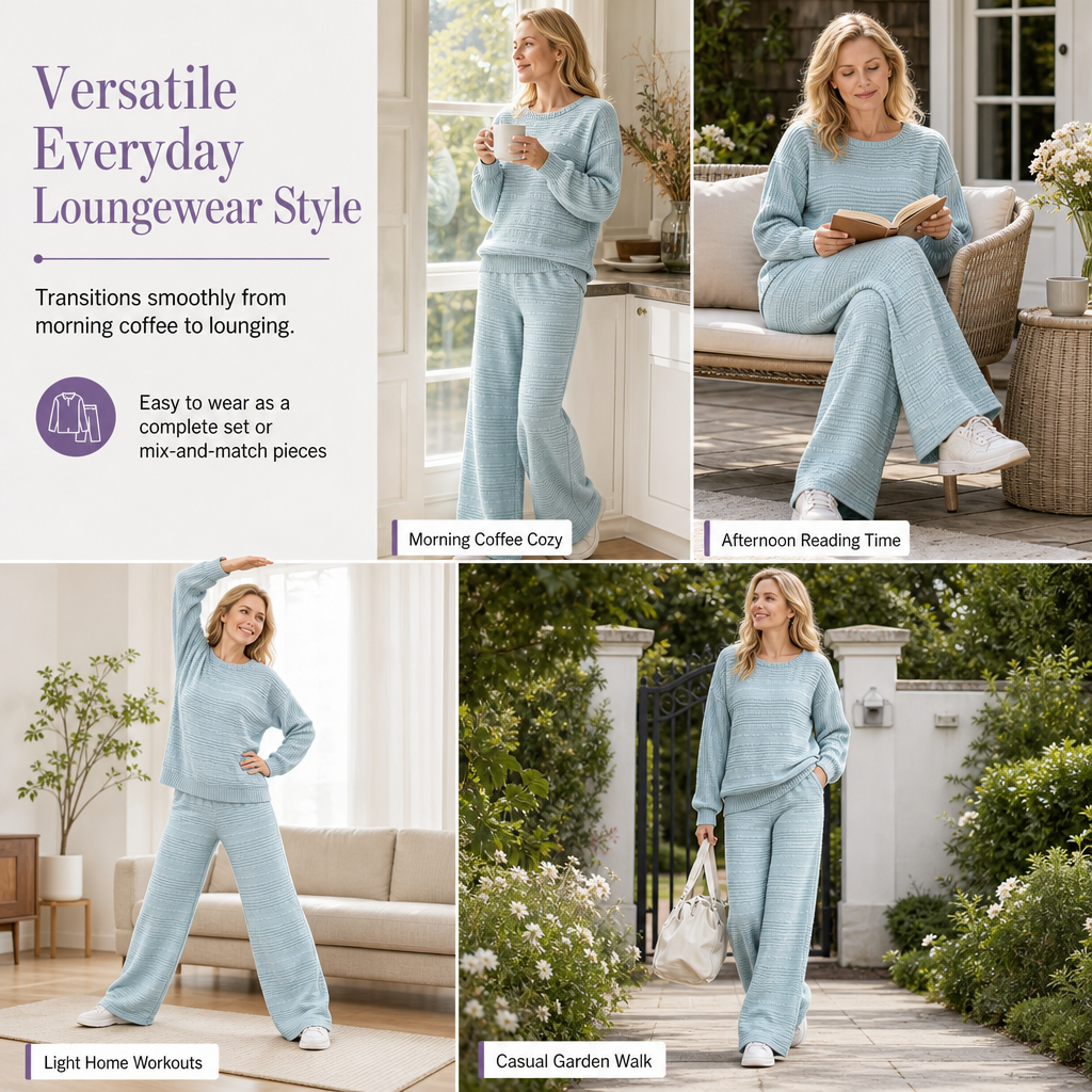 ⚡ 💖Black Friday Mega Deal – 50% off!💖🌸Women's Autumn Winter Ribbed Knit Two Piece Set Casual Long Sleeve Top and Wide Leg Pants