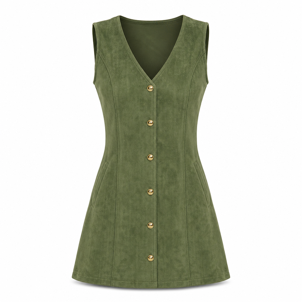 💖Black Friday Mega Deal – 50% off!💖🌸Classic Faux Suede V Neck Button Front Sleeveless Pinafore Dress