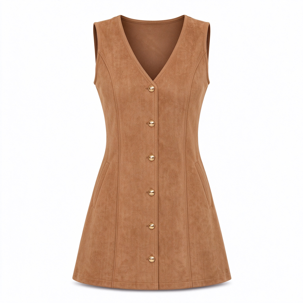 💖Black Friday Mega Deal – 50% off!💖🌸Classic Faux Suede V Neck Button Front Sleeveless Pinafore Dress