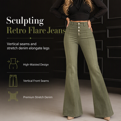 🖤Black Friday Sale:50% OFF🖤 Women's Olive Green High-Waisted Multi-Button Flare Jeans with Vertical Front Seams