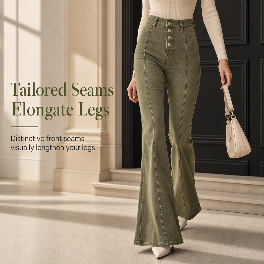 🖤Black Friday Sale:50% OFF🖤 Women's Olive Green High-Waisted Multi-Button Flare Jeans with Vertical Front Seams