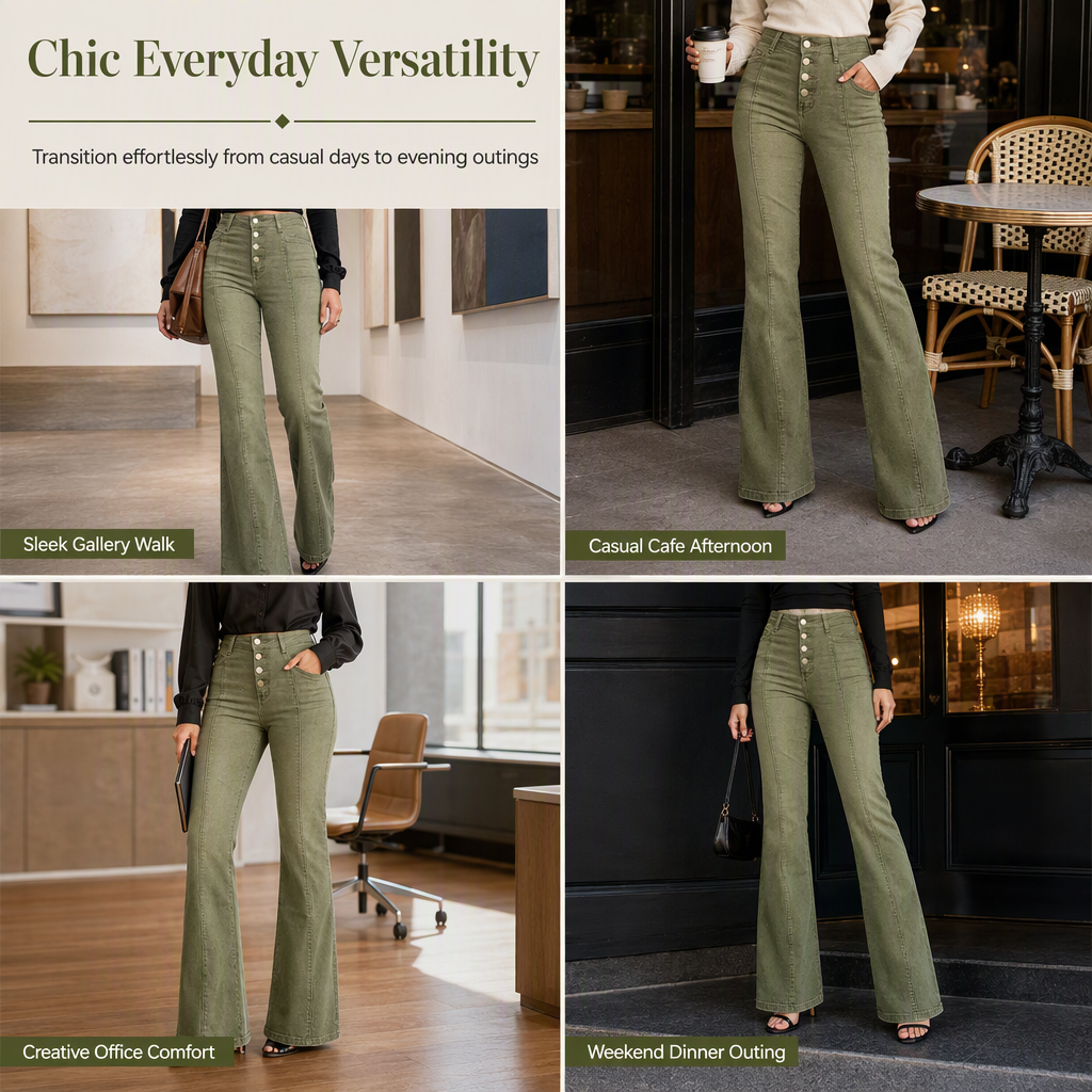 🖤Black Friday Sale:50% OFF🖤 Women's Olive Green High-Waisted Multi-Button Flare Jeans with Vertical Front Seams