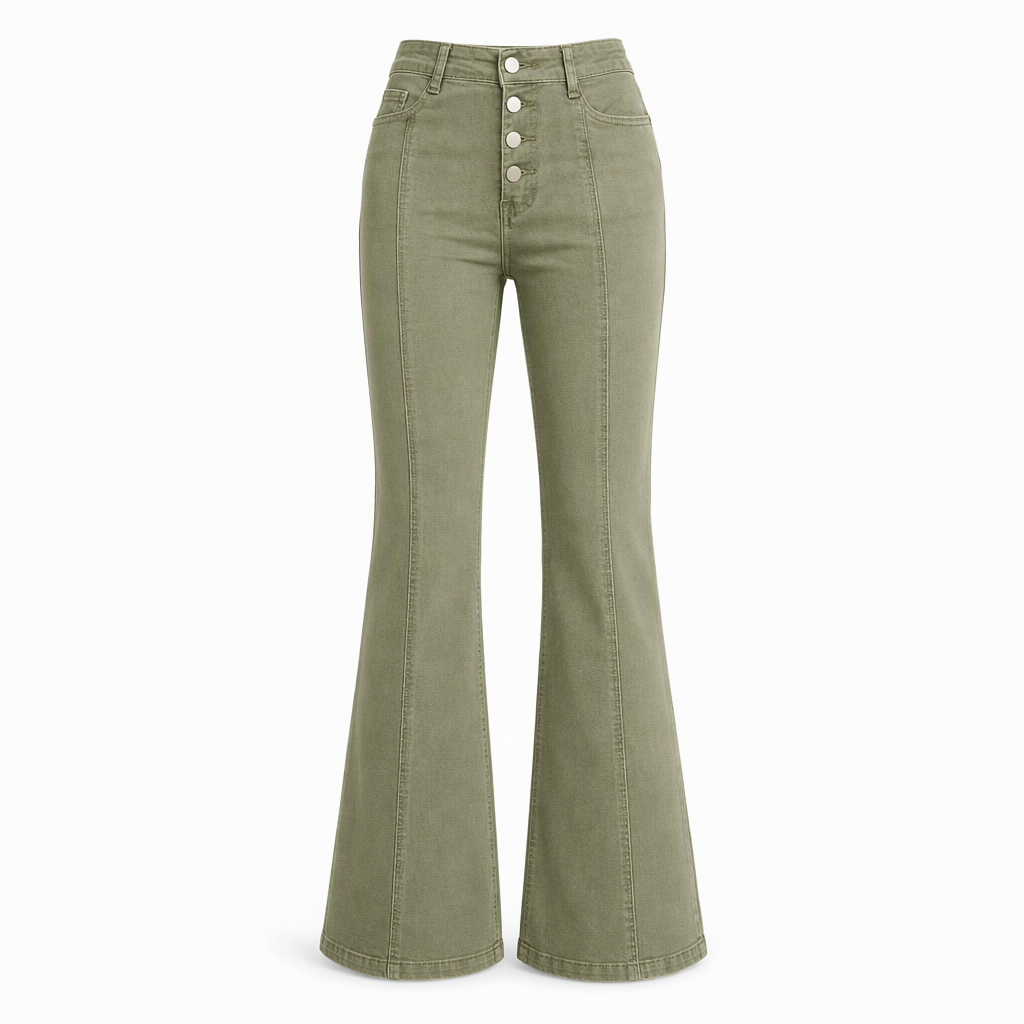 🖤Black Friday Sale:50% OFF🖤 Women's Olive Green High-Waisted Multi-Button Flare Jeans with Vertical Front Seams