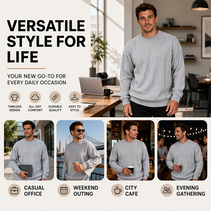 🖤Black Friday Sale:50% OFF🖤Men's Cable Knit Crewneck Sweatshirt