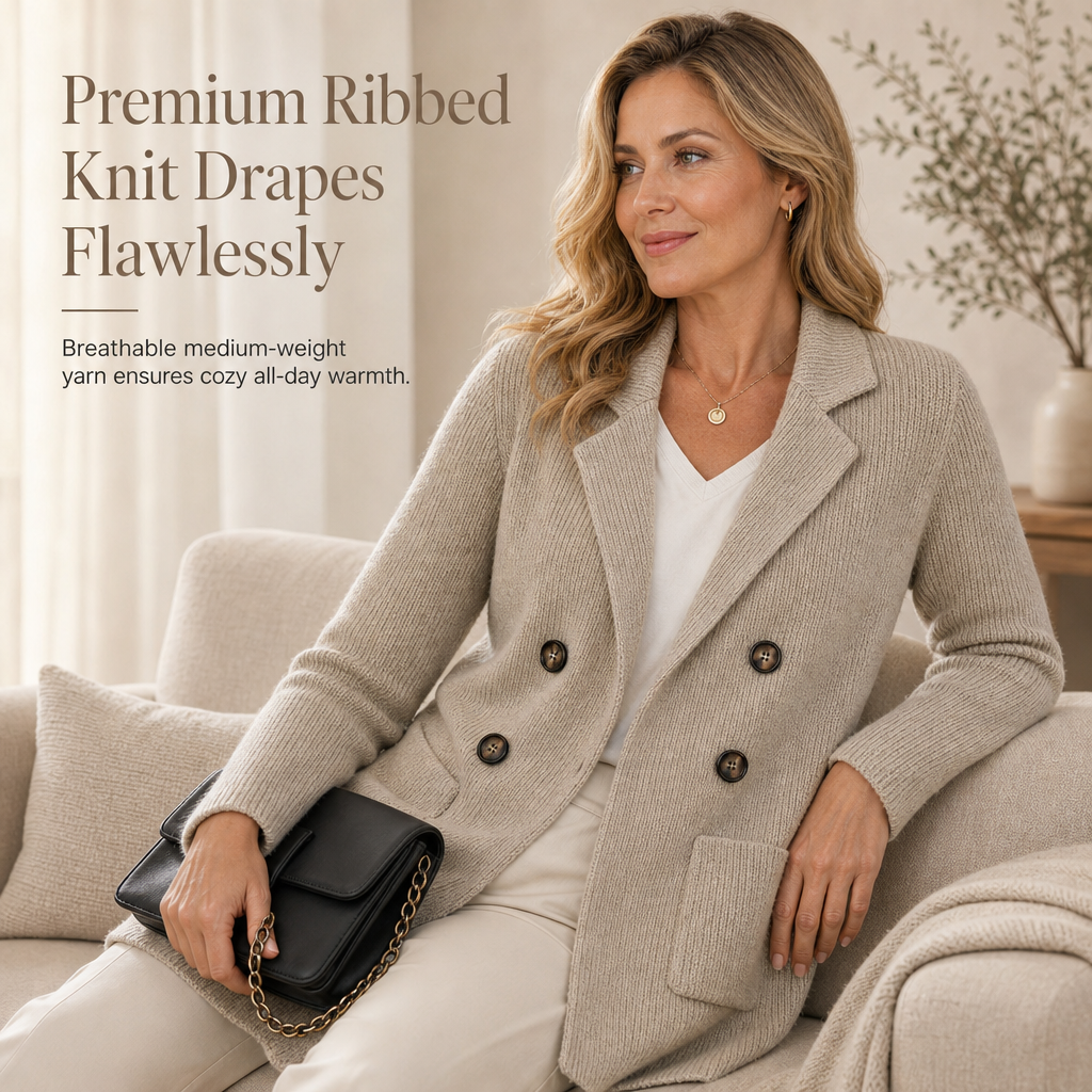 💖Black Friday Mega Deal – 50% off!💖🧵 Women's Double-Breasted Ribbed Knit Cardigan with Pockets and Notched Lapel