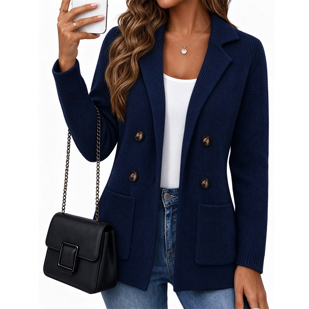 💖Black Friday Mega Deal – 50% off!💖🧵 Women's Double-Breasted Ribbed Knit Cardigan with Pockets and Notched Lapel