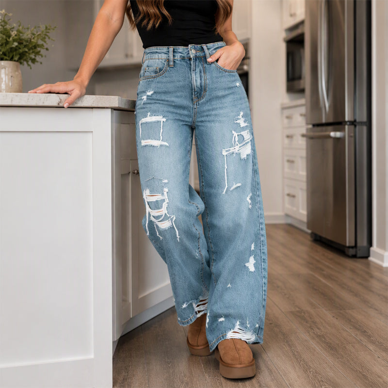 💖Black Friday Mega Deal – 50% off!💖👖Women's Chic Distressed Denim Wide-Leg Pants