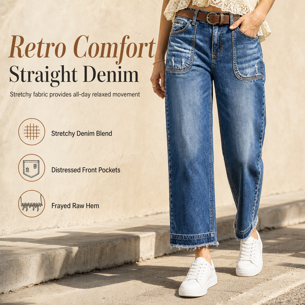 💖Black Friday Mega Deal – 50% off!💖Women's Vintage Stretchy Straight Leg Denim Jeans with Distressed Patch Pockets and Frayed Raw Hem