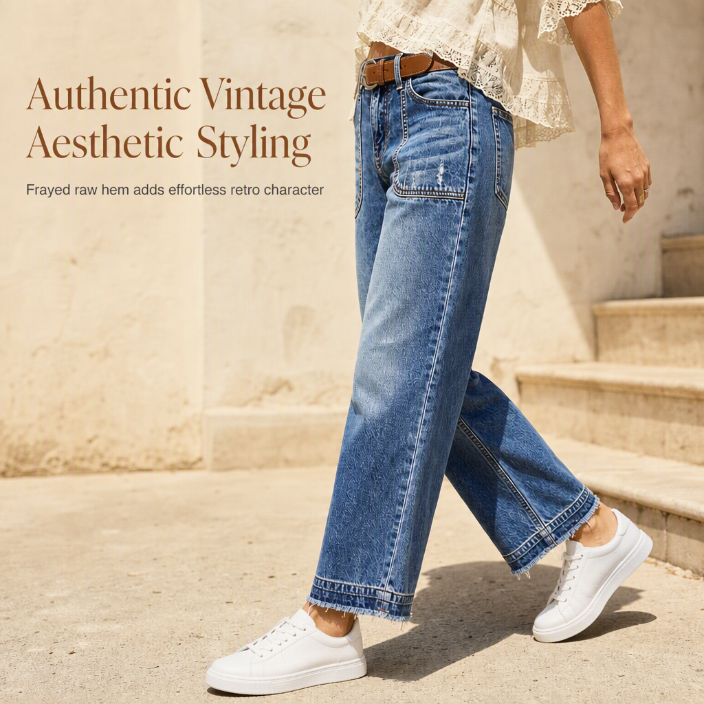 💖Black Friday Mega Deal – 50% off!💖Women's Vintage Stretchy Straight Leg Denim Jeans with Distressed Patch Pockets and Frayed Raw Hem