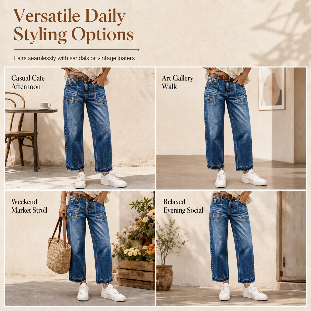 💖Black Friday Mega Deal – 50% off!💖Women's Vintage Stretchy Straight Leg Denim Jeans with Distressed Patch Pockets and Frayed Raw Hem