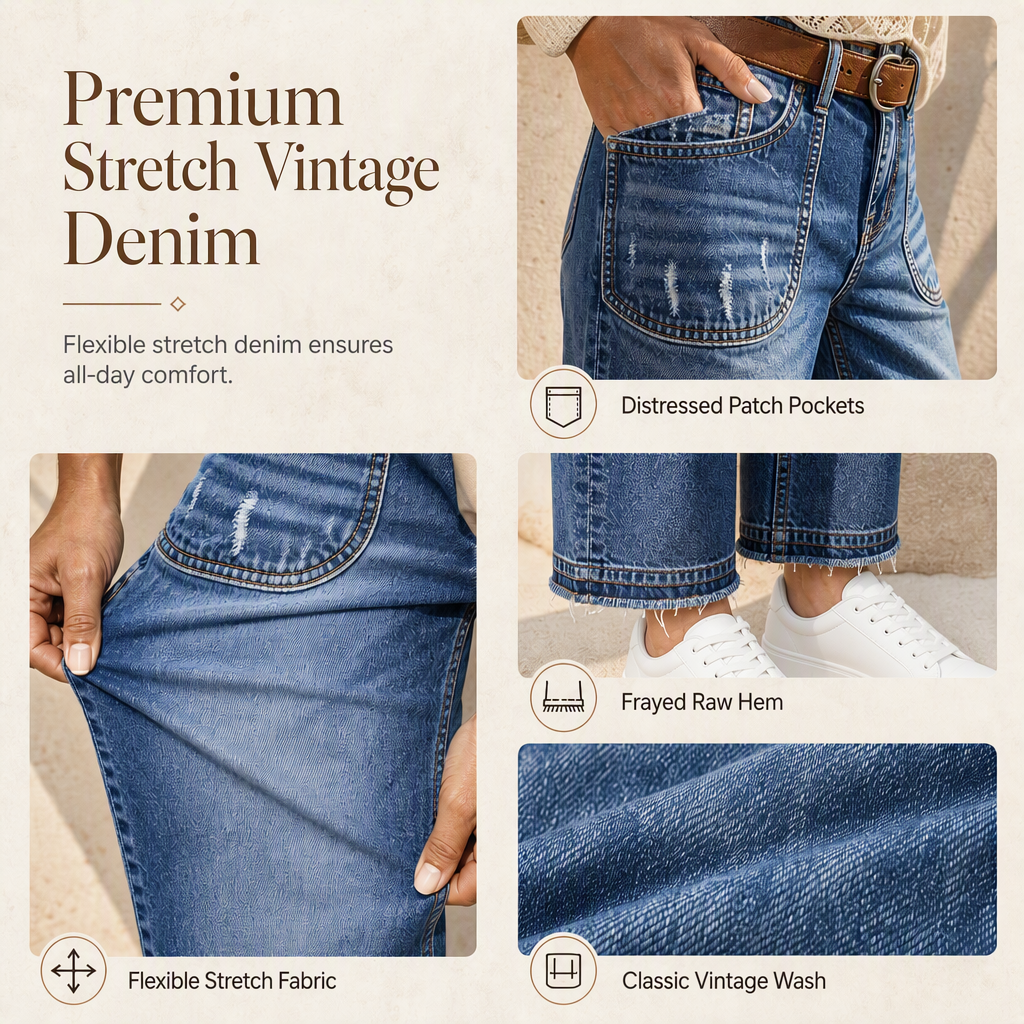 💖Black Friday Mega Deal – 50% off!💖Women's Vintage Stretchy Straight Leg Denim Jeans with Distressed Patch Pockets and Frayed Raw Hem