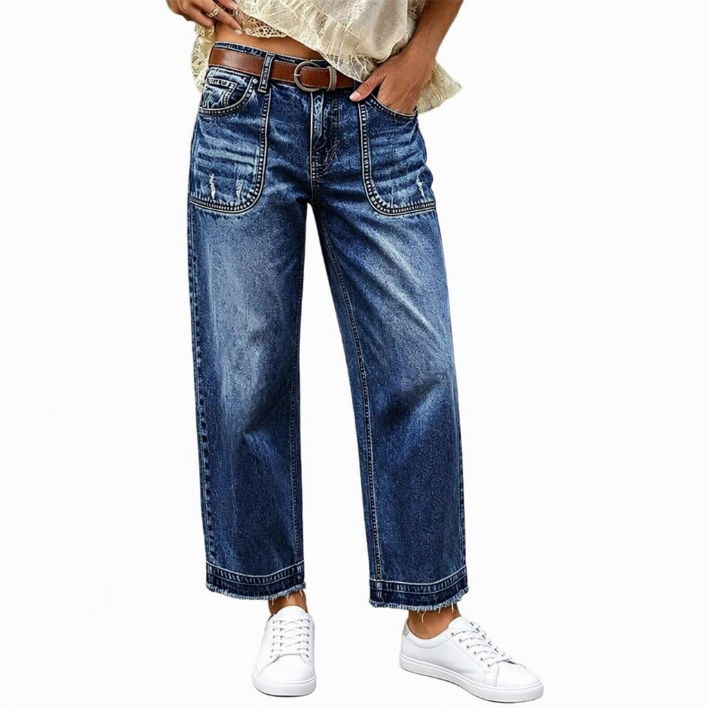 💖Black Friday Mega Deal – 50% off!💖Women's Vintage Stretchy Straight Leg Denim Jeans with Distressed Patch Pockets and Frayed Raw Hem