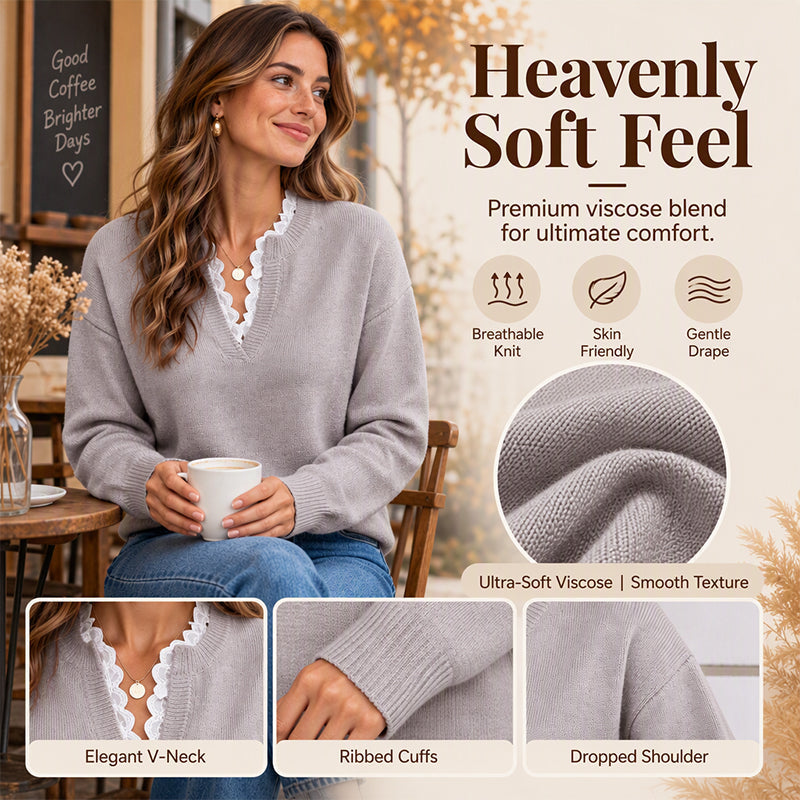 💖Black Friday Mega Deal – 50% off!💖🍁Women's Mock Neck Lace Trim Knit Sweater