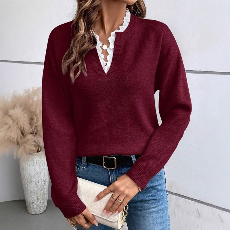 💖Black Friday Mega Deal – 50% off!💖🍁Women's Mock Neck Lace Trim Knit Sweater