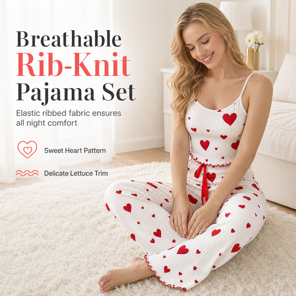 💖Black Friday Mega Deal – 50% off!💖🧸Womens 2 Piece Ribbed Pajama Set Heart Print Camisole Top and Long Pants Loungewear🏡