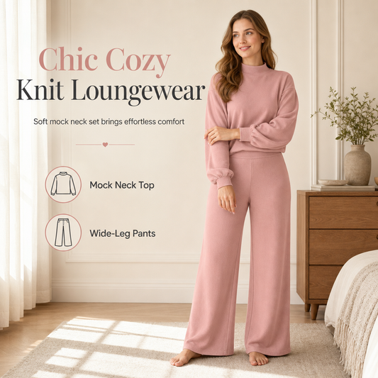 💖Black Friday Mega Deal – 50% off!💕 Cozy Chic Knit Lounge Set ✨ Women's Mock Neck Top & Wide-Leg Pants Set